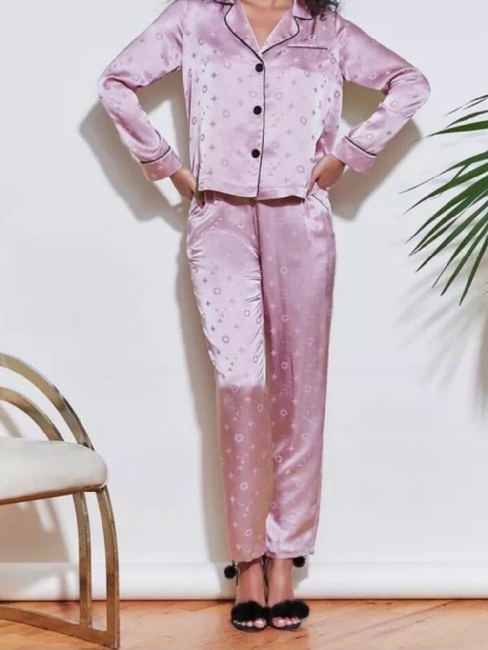 Fleur du Mal Light Pink Satin Pajama Set with Black Trim
